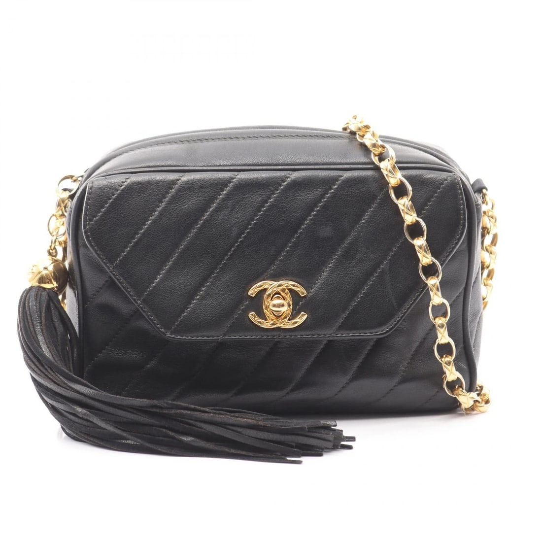 CHANEL COCO MARK BIAS STITCH CHAIN CROSSBODY SHOULDER BAG: CHANEL COCO Mark bias stitch chain crossbody Shoulder Bag Brand: CHANEL Type/Style: Shoulder Bag Material: Lambskin (sheep leather) Color: Black?ish colors Size: (H:4.7inch x W:7.5inch x D:3.0inch)