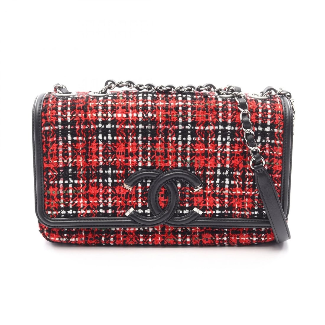 CHANEL CC FILIGREE CHAIN SHOULDER BAG: CHANEL CC filigree chain Shoulder Bag Brand: CHANEL Type/Style: Shoulder Bag Material: Fabric ? leather Color: Red?ish colors ? Black?ish colors ? Multicolor?ish colors Size: (H:6.3inch x W:10.0inch x