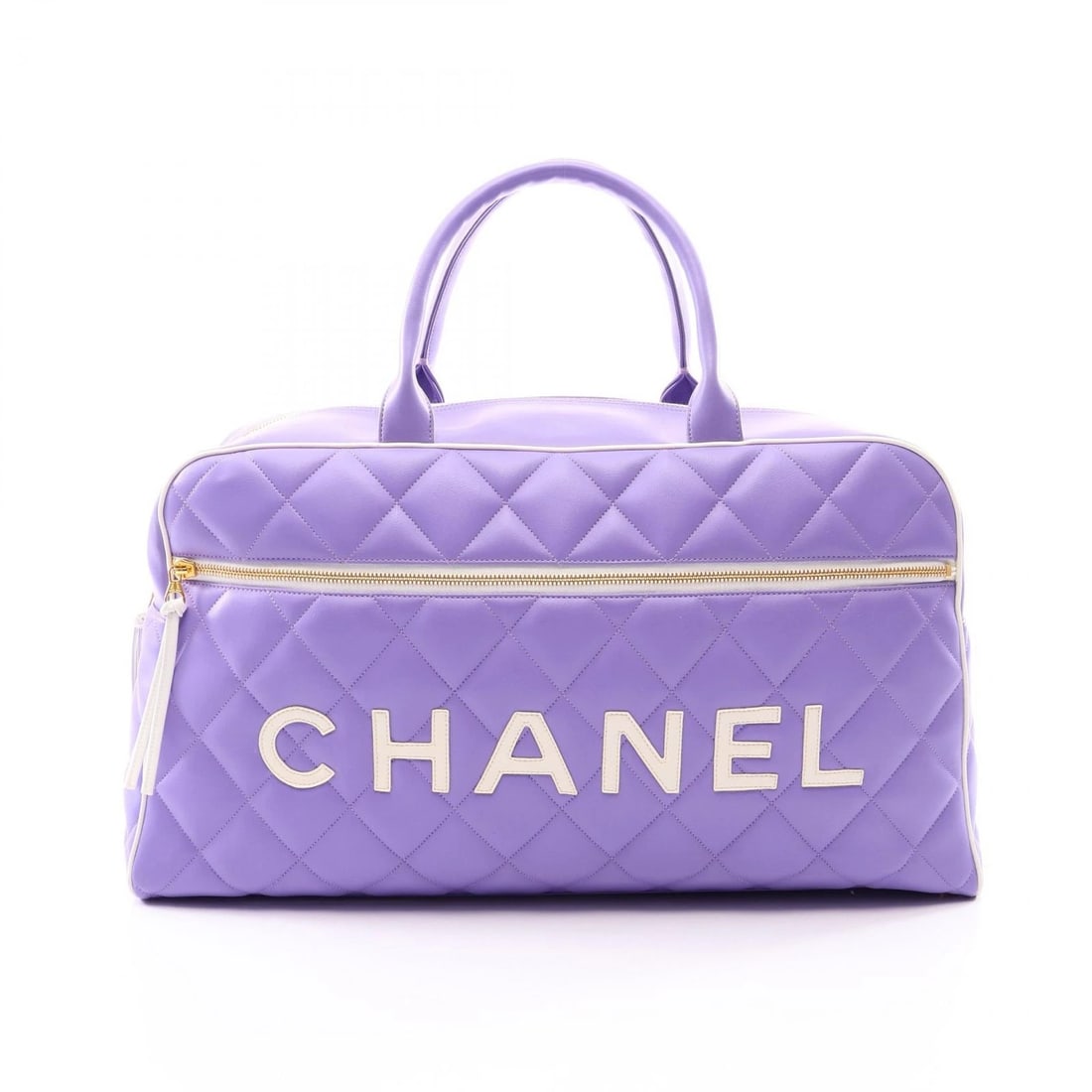 CHANEL MATELASSE BOWLING TRAVEL CARRY HANDBAG: CHANEL Matelasse Bowling Travel Carry Handbag Brand: CHANEL Type/Style: Boston bag Material: leather Color: Purple?ish colors ? White?ish colors Size: (H:10.2inch x W:18.5inch x D:5.5inch) Accesso