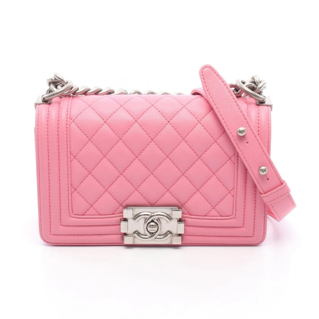 CHANEL BOY SMALL CHAIN SHOULDER HANDBAG: CHANEL Boy Small Chain Shoulder Handbag Brand: CHANEL Type/Style: Shoulder Bag Material: Grained Calfskin leather Color: Pink?ish colors Size: (H:4.7inch x W:7.9inch x D:2.4inch) Accessories: None