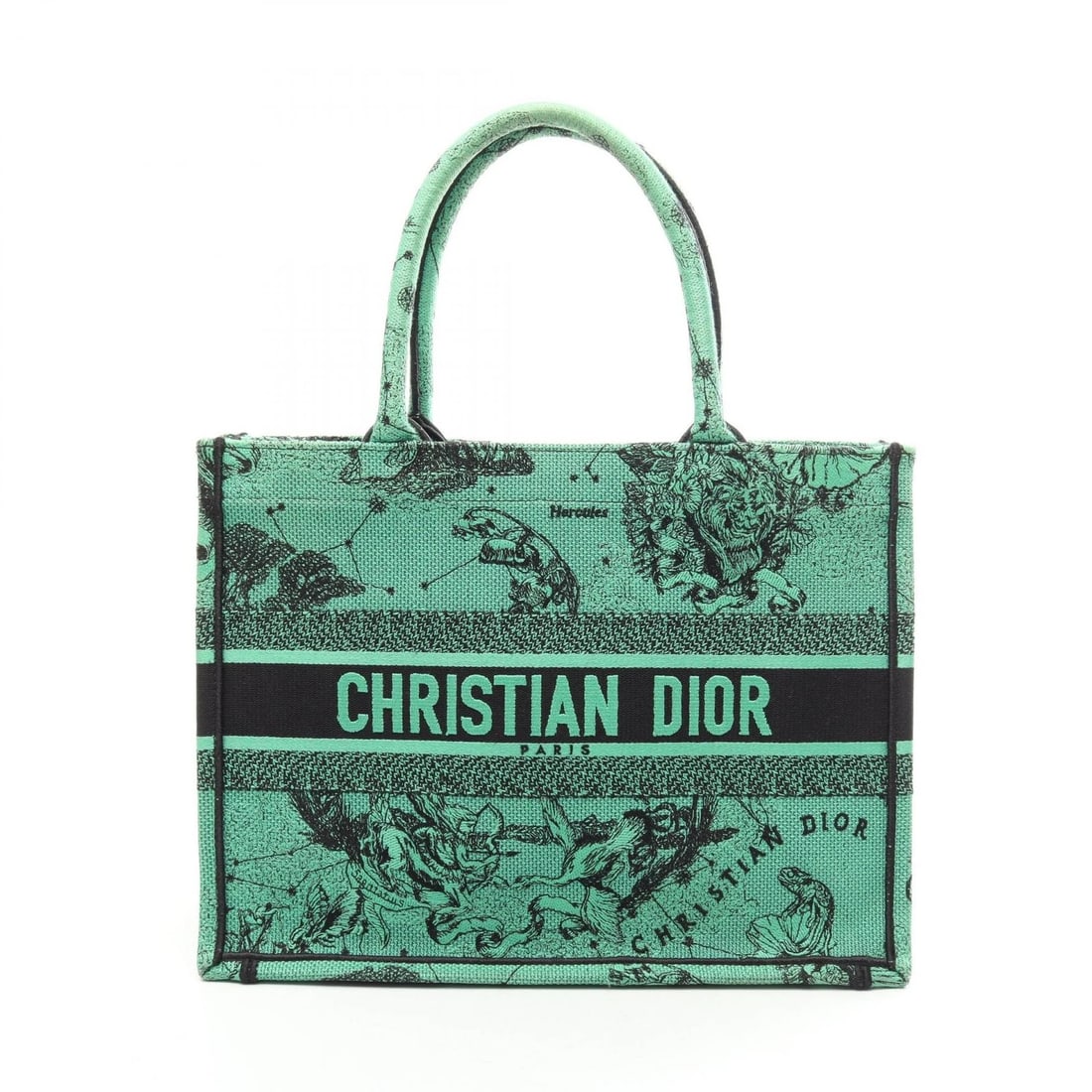 CHRISTIAN DIOR BOOK TOTE MEDIUM LOGO HANDBAG: Christian Dior BOOK TOTE Medium Logo Handbag Brand: DIOR Type/Style: Tote Bag Material: canvas Color: Green?ish colors ? Black?ish colors Size: (H:10.6inch x W:14.2inch x D:5.5inch) Accessories: N