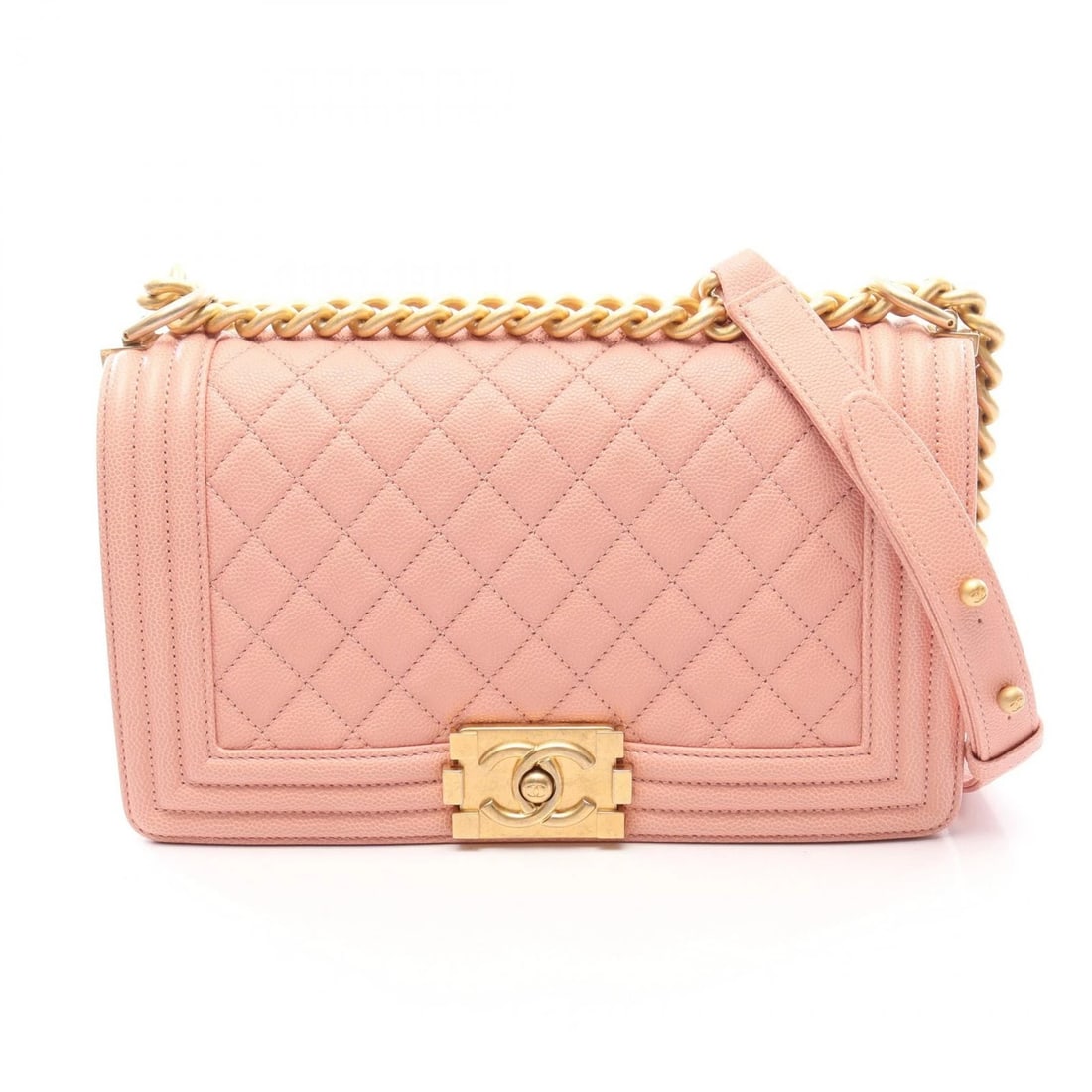 CHANEL BOY CHAIN SHOULDER HANDBAG: CHANEL Boy Chain Shoulder Handbag Brand: CHANEL Type/Style: Shoulder Bag Material: Grained Calfskin leather Color: Pink?ish colors Size: (H:5.7inch x W:9.8inch x D:2.8inch) Accessories: None <