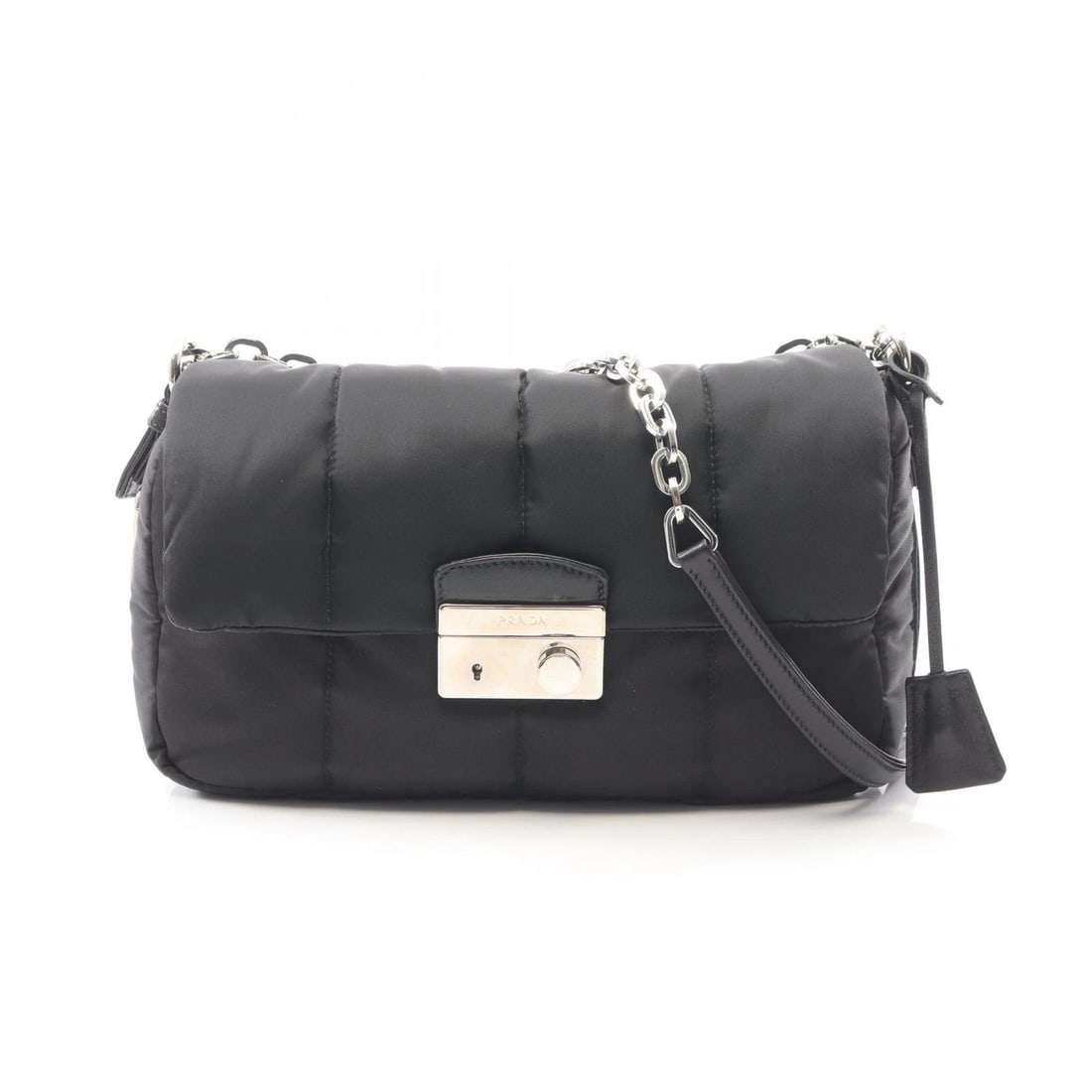 PRADA TESSUTO BOMBER CHAIN SHOULDER HANDBAG: PRADA TESSUTO BOMBER Chain Shoulder Handbag Brand: PRADA Type/Style: Shoulder Bag Material: Nylon ? leather Color: Black?ish colors Size: (H:6.7inch x W:10.6inch x D:2.8inch) Accessories: None