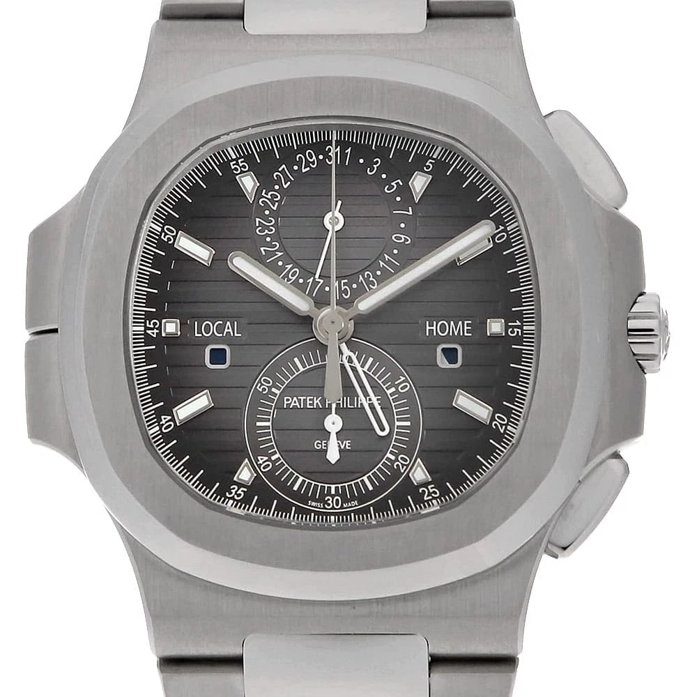 PATEK PHILIPPE NAUTILUS TRAVEL TIME CHRONOGRAPH WATCH: PATEK PHILIPPE Nautilus Travel Time Chronograph Watch Brand: PATEK PHILIPPE Type/Style: Wrist watch Material: Band Material Stainless Steel, Case Material Stainless Steel Color: Dial Color Gray Size: