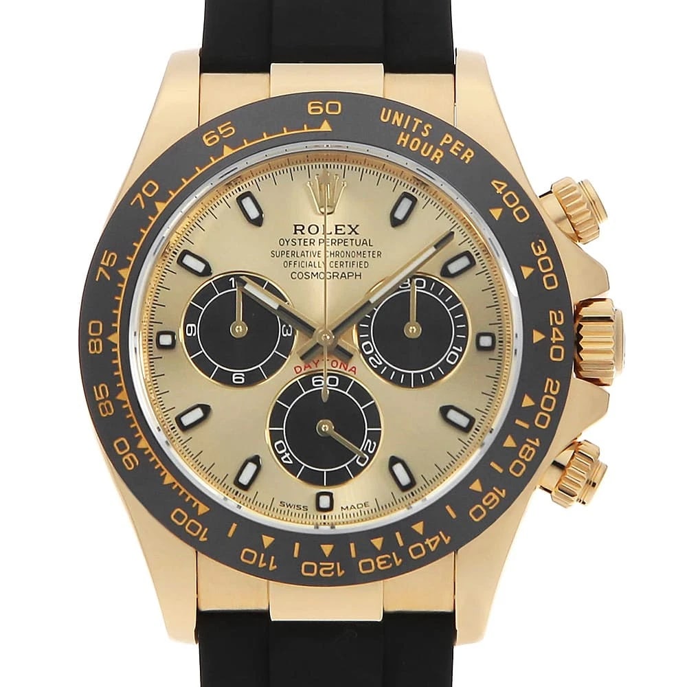 ROLEX COSMOGRAPH DAYTONA CHAMPAGNE X BLACK WATCH: ROLEx Cosmograph Daytona Champagne x Black Watch Brand: ROLEx Type/Style: Wrist watch Material: Band Material rubber, Case Material Yellow Gold Color: Dial Color Champagne Gold Size: