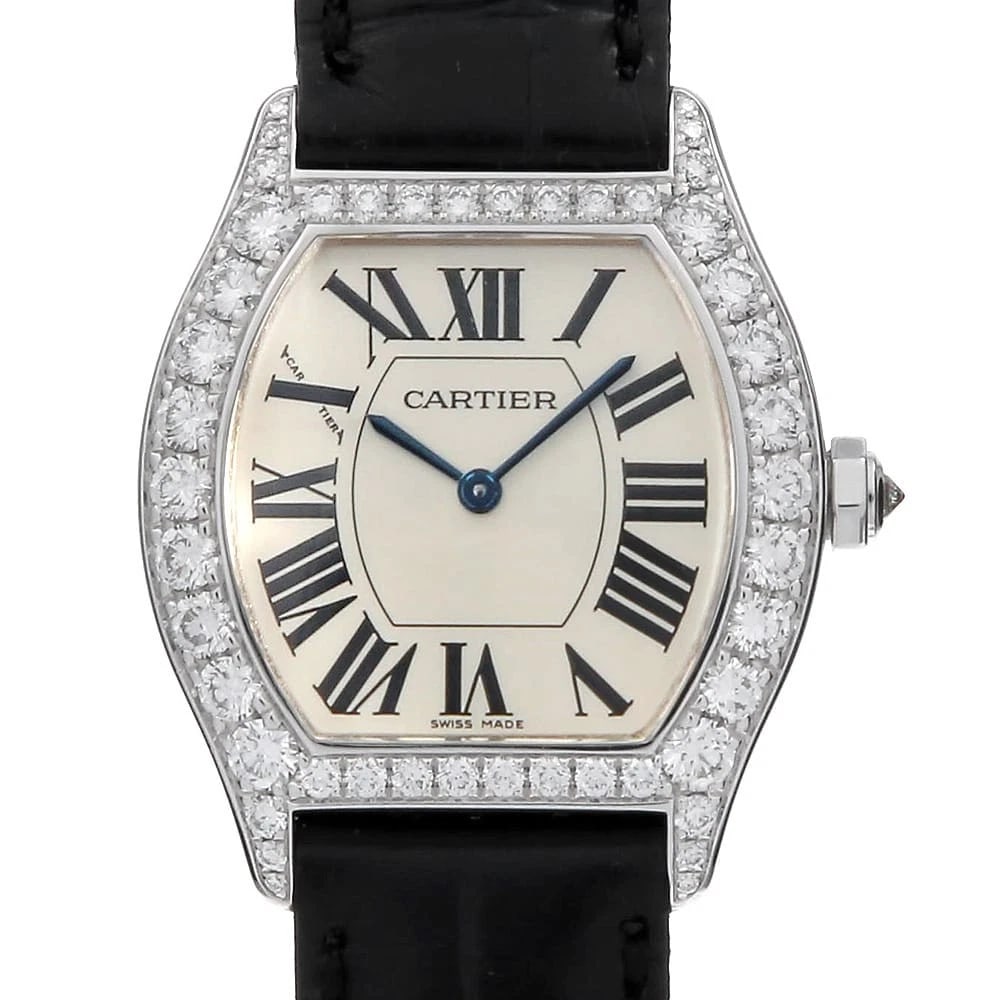 CARTIER CALFSKIN WATCH: Cartier calfskin Watch Brand: Cartier Type/Style: Wrist watch Material: Band Material Calfskin, Case Material White Gold Color: Dial Color Silver Size: Case:W34mm x H28mm Accessories: None