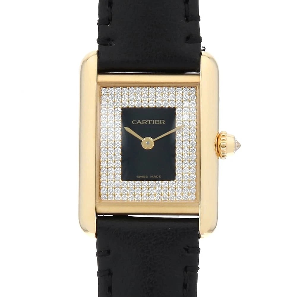 CARTIER TANK LOUIS CALFSKIN WATCH: Cartier Tank Louis calfskin Watch Brand: Cartier Type/Style: Wrist watch Material: Band Material Calfskin, Case Material Yellow Gold Color: Dial Color Black and Diamonds Size: Case:W29.5mm x H22mm