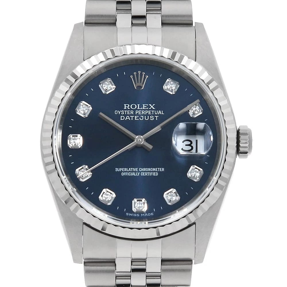 ROLEX DATEJUST DIAMOND BLUE WATCH: ROLEx Datejust Diamond blue Watch Brand: ROLEx Type/Style: Wrist watch Material: Band Material Stainless Steel, Case Material Stainless Steel/White gold Color: Dial Color Blue Size: Case:W36mm