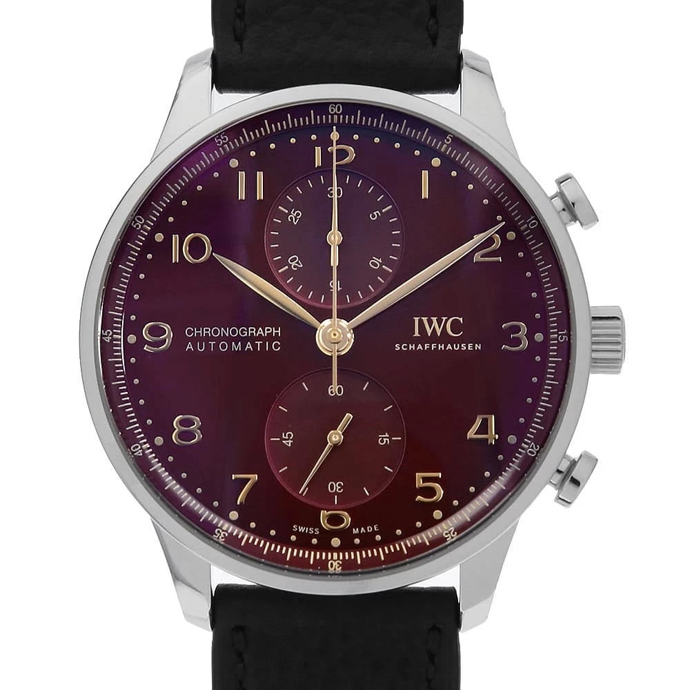 IWC PORTUGIESER CHRONOGRAPH STAINLESS STEEL WATCH: IWC Portugieser Chronograph Stainless Steel Watch Brand: IWC Type/Style: Wrist watch Material: Band Material Calfskin, Case Material Stainless Steel Color: Dial Color Red Size: Case:W41mm