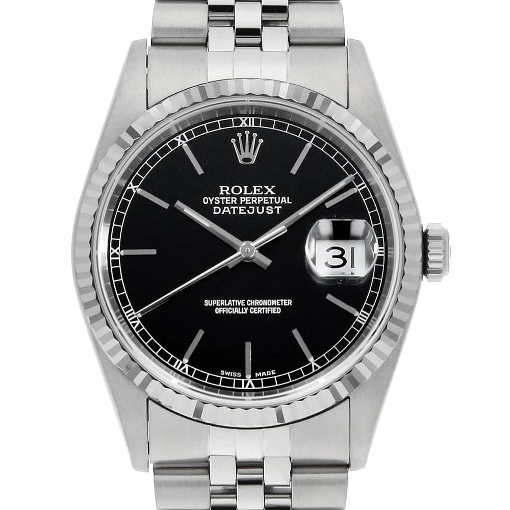 ROLEX DATEJUST BLACK STAINLESS STEEL WATCH: ROLEx Datejust black Stainless Steel Watch Brand: ROLEx Type/Style: Wrist watch Material: Band Material Stainless Steel, Case Material Stainless Steel/White gold Color: Dial Color Black Size: