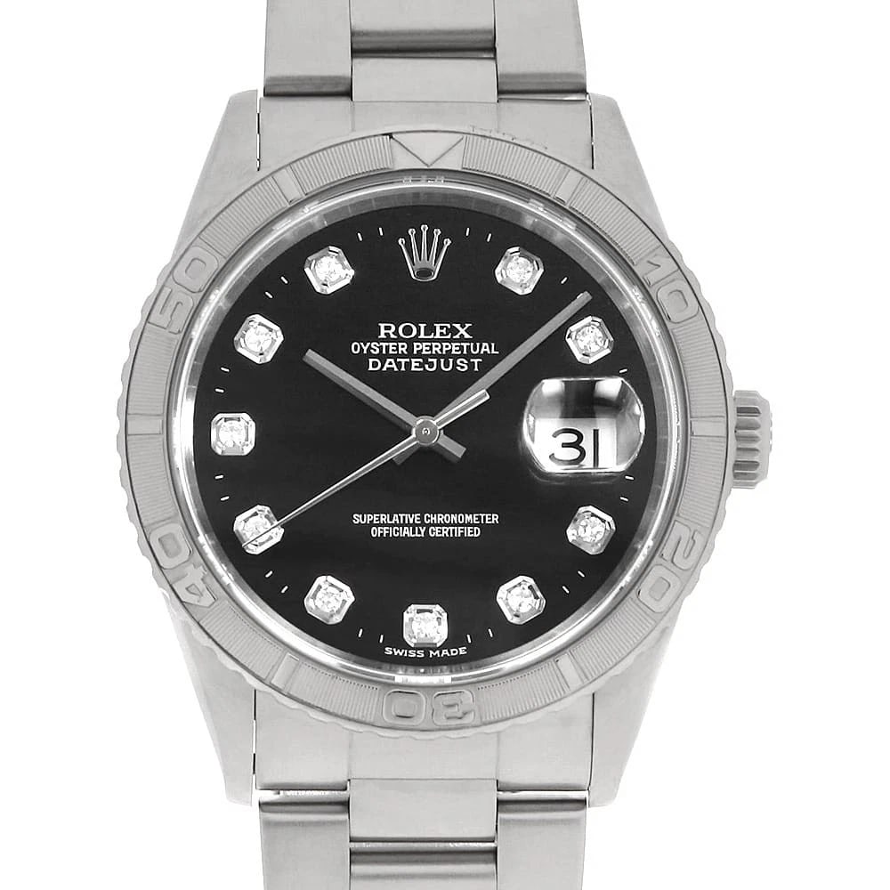 ROLEX DATEJUST THUNDERBIRD DIAMOND BLACK ROW OYSTER WATCH: ROLEx Datejust Thunderbird Diamond black row oyster Watch Brand: ROLEx Type/Style: Wrist watch Material: Band Material Stainless Steel, Case Material Stainless Steel/White gold Color: Dial Color