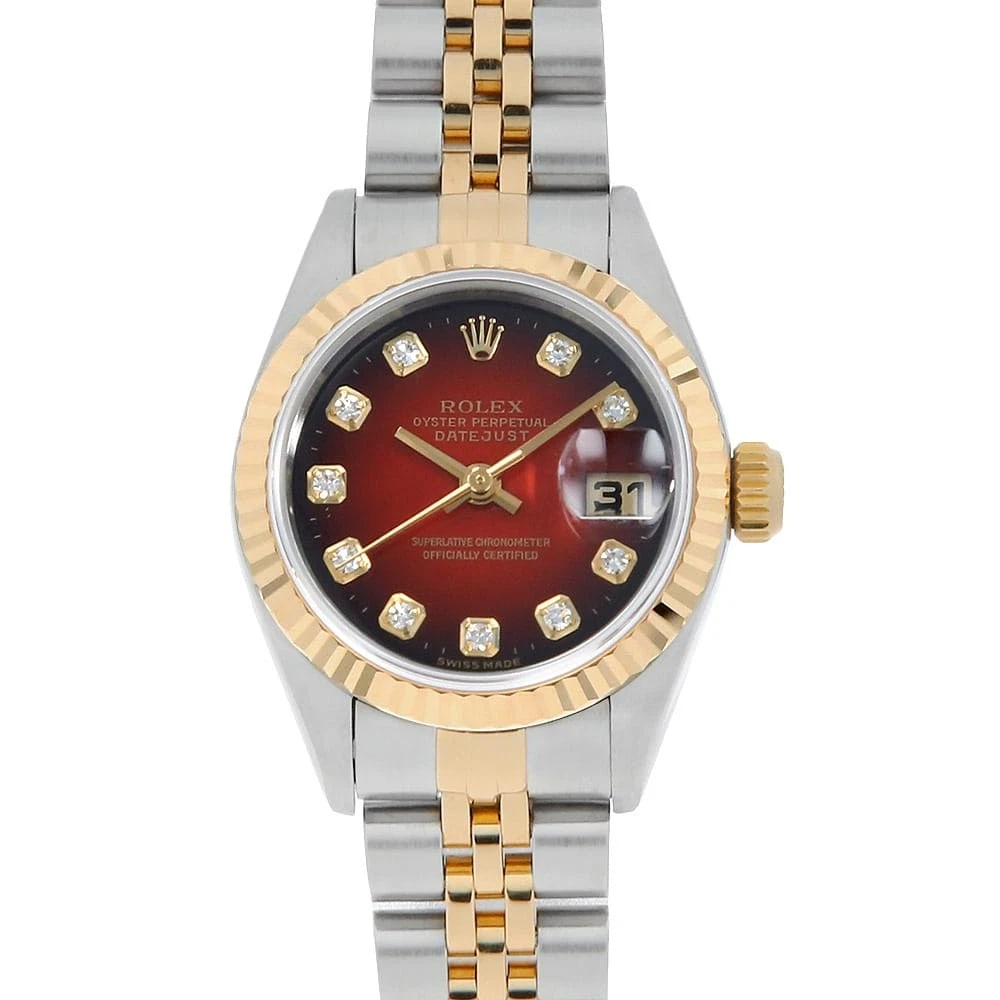 ROLEX DATEJUST DIAMOND RED GRADATION WATCH: ROLEx Datejust Diamond Red Gradation Watch Brand: ROLEx Type/Style: Wrist watch Material: Band Material Stainless Steel/Yellow Gold, Case Material Stainless Steel/Yellow Gold Color: Dial Color Red