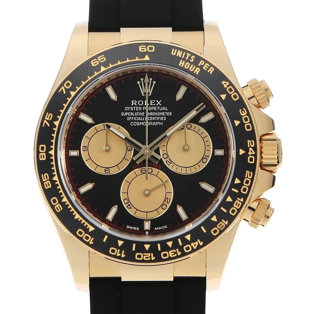 ROLEX COSMOGRAPH DAYTONA BLACK X GOLD WATCH: ROLEx Cosmograph Daytona Black x Gold Watch Brand: ROLEx Type/Style: Wrist watch Material: Band Material rubber, Case Material Yellow Gold Color: Dial Color Black and Gold Size: Case:WCircumference