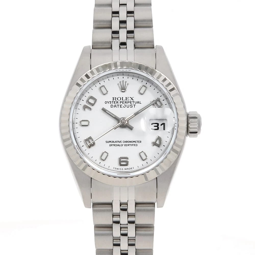 ROLEX DATEJUST WHITE WATCH: ROLEx Datejust white Watch Brand: ROLEx Type/Style: Wrist watch Material: Band Material Stainless Steel, Case Material Stainless Steel/White gold Color: Dial Color White Size: Case:W26mm