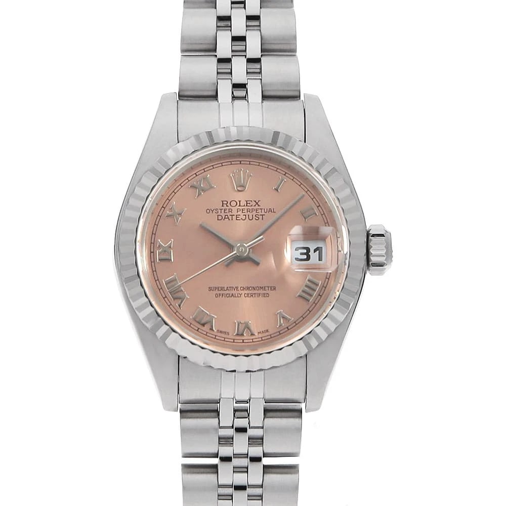 ROLEX DATEJUST PINK WATCH: ROLEx Datejust pink Watch Brand: ROLEx Type/Style: Wrist watch Material: Band Material Stainless Steel, Case Material Stainless Steel/White gold Color: Dial Color Pink Size: Case:W26mm Circumference