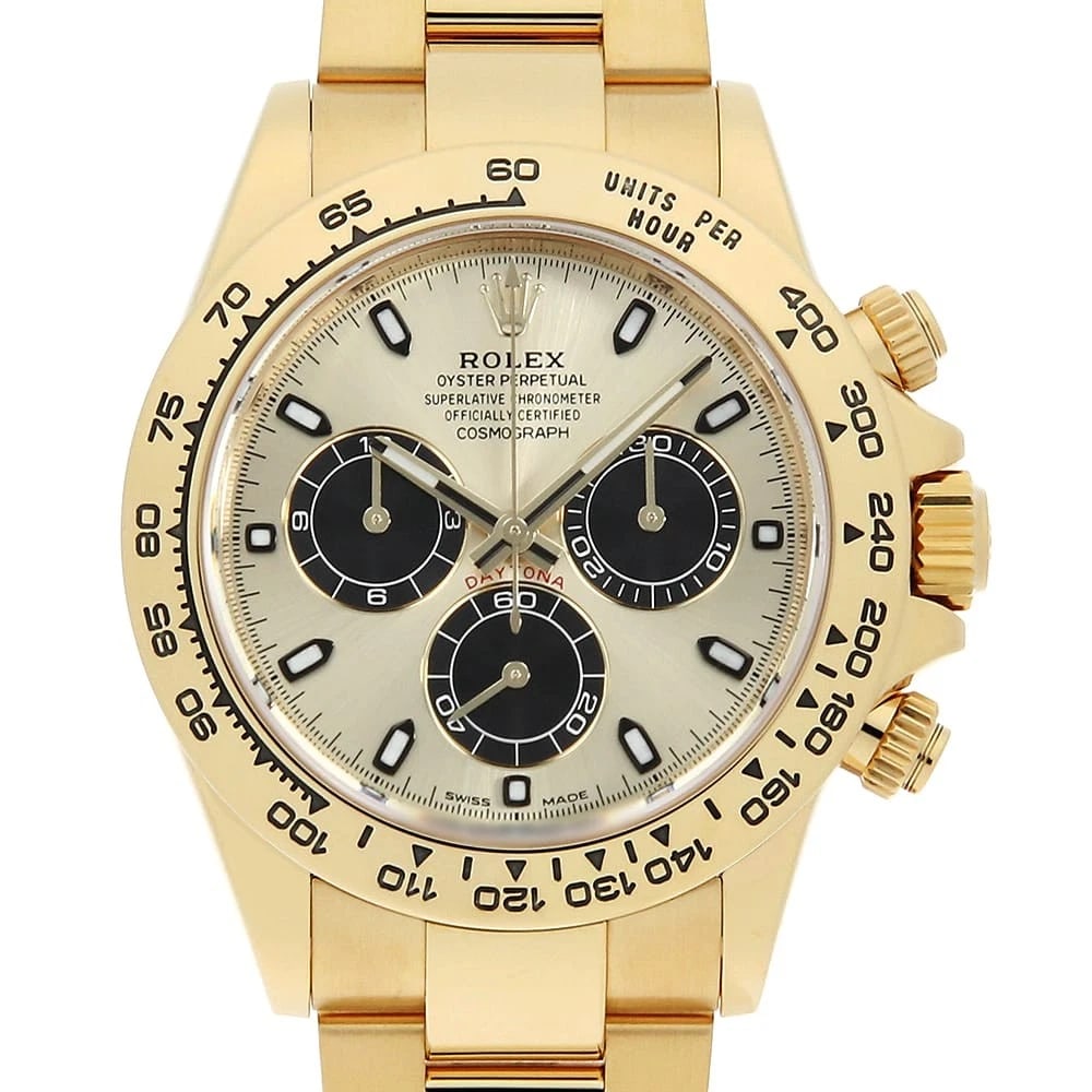 ROLEX COSMOGRAPH DAYTONA CHAMPAGNE X BLACK WATCH: ROLEx Cosmograph Daytona Champagne x black Watch Brand: ROLEx Type/Style: Wrist watch Material: Band Material Yellow Gold, Case Material Yellow Gold Color: Dial Color Champagne and Black Size: Case:WC