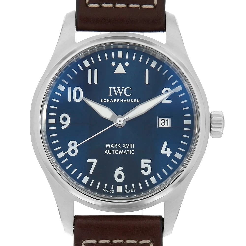IWC PILOT'S WATCH STAINLESS STEEL WATCH: IWC Pilot's Watch Stainless Steel Watch Brand: IWC Type/Style: Wrist watch Material: Band Material Calfskin, Case Material Stainless Steel Color: Dial Color Blue Size: Case:W40mm Accessories: None