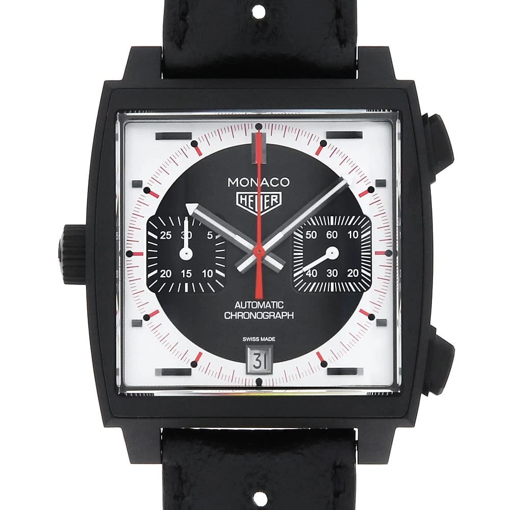 TAG HEUER CHRONOGRAPH STRAP WATCH: TAG Heuer Chronograph Strap Watch Brand: TAG Heuer Type/Style: Wrist watch Material: Band Material Calfskin, Case Material Titanium(DLC coating) Color: Dial Color Black and Silver Size: Case:W39mm