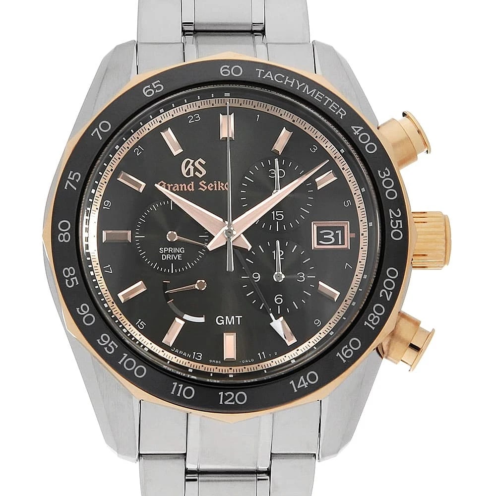 GRAND SEIKO SPORTS COLLECTION SPRING DRIVE CHRONOGRAPH WATCH: Grand Seiko Sports Collection Spring Drive Chronograph Watch Brand: Grand Seiko Type/Style: Wrist watch Material: Band Material Stainless Steel, Case Material Stainless Steel/Pink gold Color: Dial