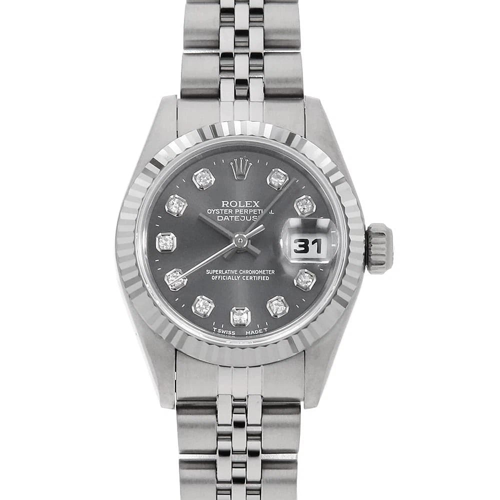 ROLEX DATEJUST DIAMOND GRAY WATCH: ROLEx Datejust Diamond gray Watch Brand: ROLEx Type/Style: Wrist watch Material: Band Material Stainless Steel, Case Material Stainless Steel/White gold Color: Dial Color Gray Size: Case:W26mm Circumf