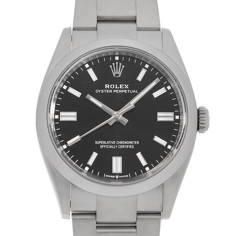 ROLEX OYSTER PERPETUAL BLACK WATCH: ROLEx Oyster Perpetual black Watch Brand: ROLEx Type/Style: Wrist watch Material: Band Material Stainless Steel, Case Material Stainless Steel Color: Dial Color Black Size: Case:W36mm Circumference of