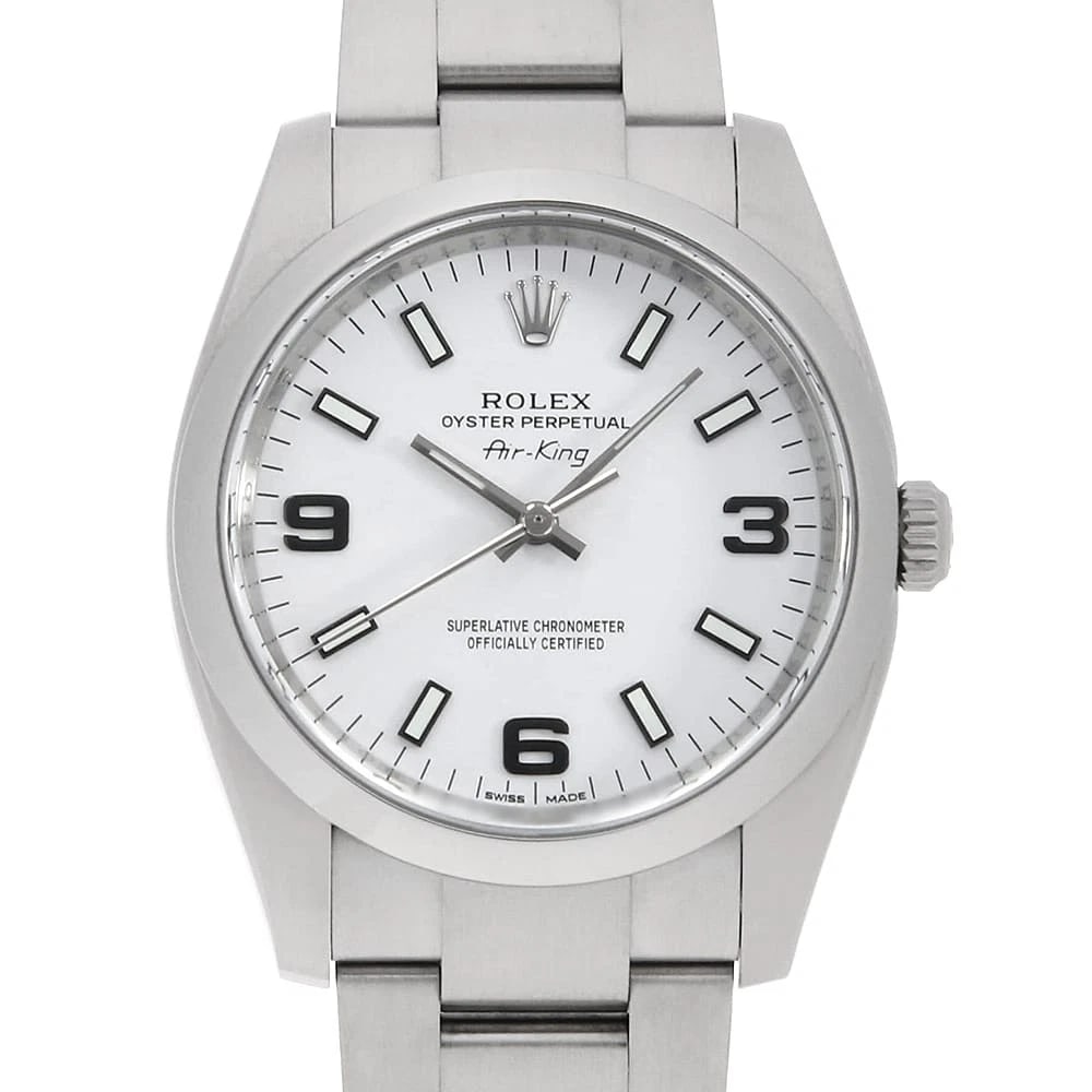 ROLEX AIR KING WHITE WATCH: ROLEx Air king white Watch Brand: ROLEx Type/Style: Wrist watch Material: Band Material Stainless Steel, Case Material Stainless Steel Color: Dial Color White Size: Case:W34mm Circumference of Wrist:1