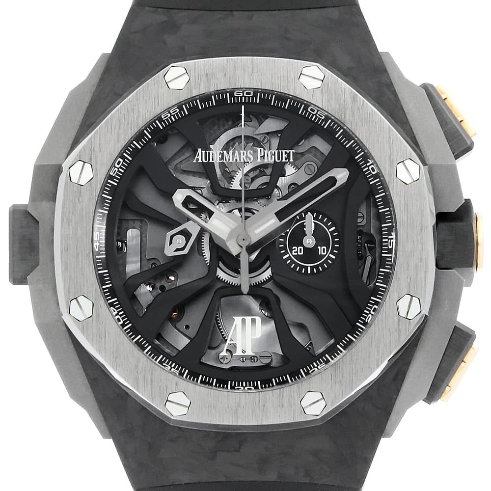 AUDEMARS PIGUET ROYAL OAK WATCH: AUDEMARS PIGUET Royal Oak Watch Brand: AUDEMARS PIGUET Type/Style: Wrist watch Material: Band Material rubber, Case Material titanium/carbon Color: Dial Color Skeleton Size: Case:W44mm Accessories