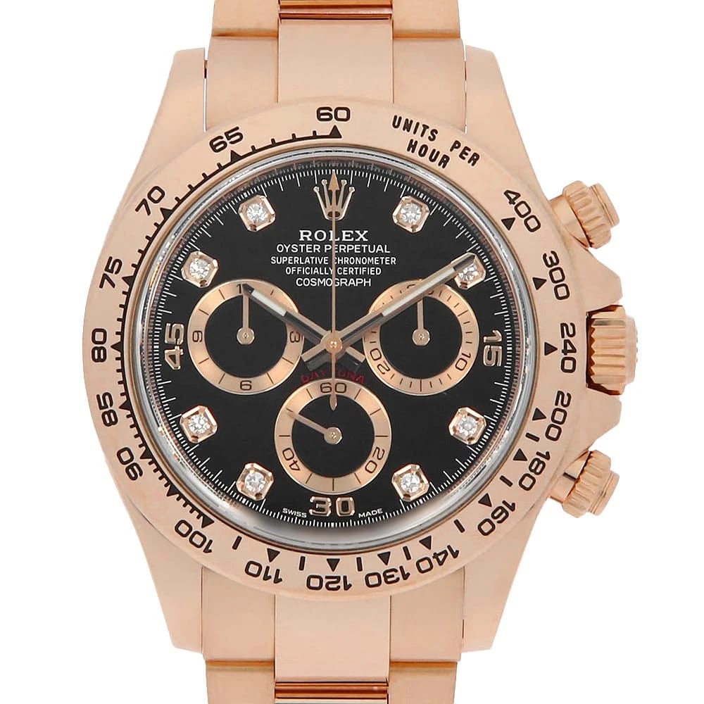 ROLEX COSMOGRAPH DAYTONA DIAMOND BLACK WATCH: ROLEx Cosmograph Daytona diamond black Watch Brand: ROLEx Type/Style: Wrist watch Material: Band Material Everrose gold, Case Material Everrose gold Color: Dial Color Black Size: Case:WCircumference o