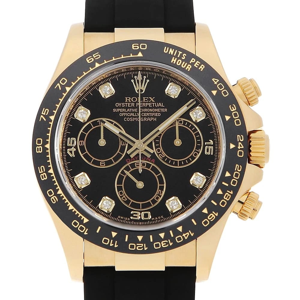 ROLEX COSMOGRAPH DAYTONA DIAMOND BLACK WATCH: ROLEx Cosmograph Daytona diamond black Watch Brand: ROLEx Type/Style: Wrist watch Material: Band Material rubber, Case Material Yellow Gold Color: Dial Color Black Size: Case:WCircumference of