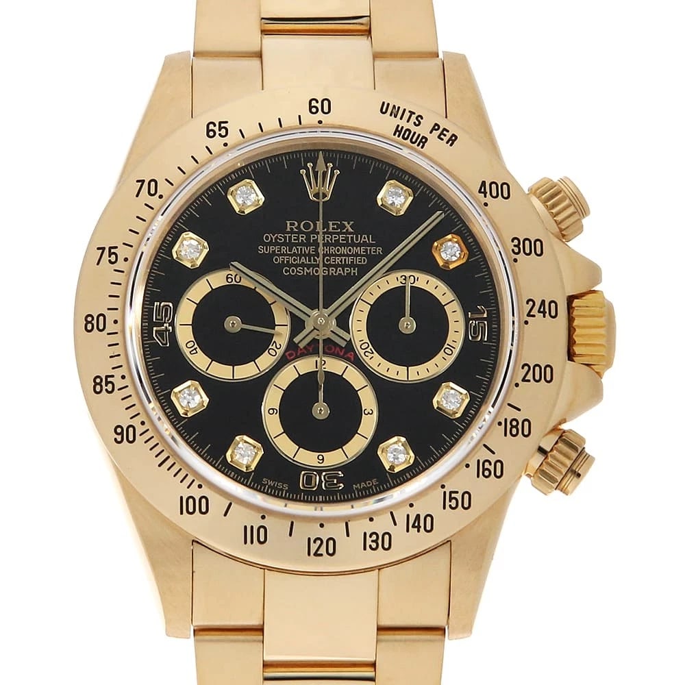 ROLEX COSMOGRAPH DAYTONA DIAMOND BLACK WATCH: ROLEx Cosmograph Daytona diamond black Watch Brand: ROLEx Type/Style: Wrist watch Material: Band Material Yellow Gold, Case Material Yellow Gold Color: Dial Color Black Size: Case:WCircumference of
