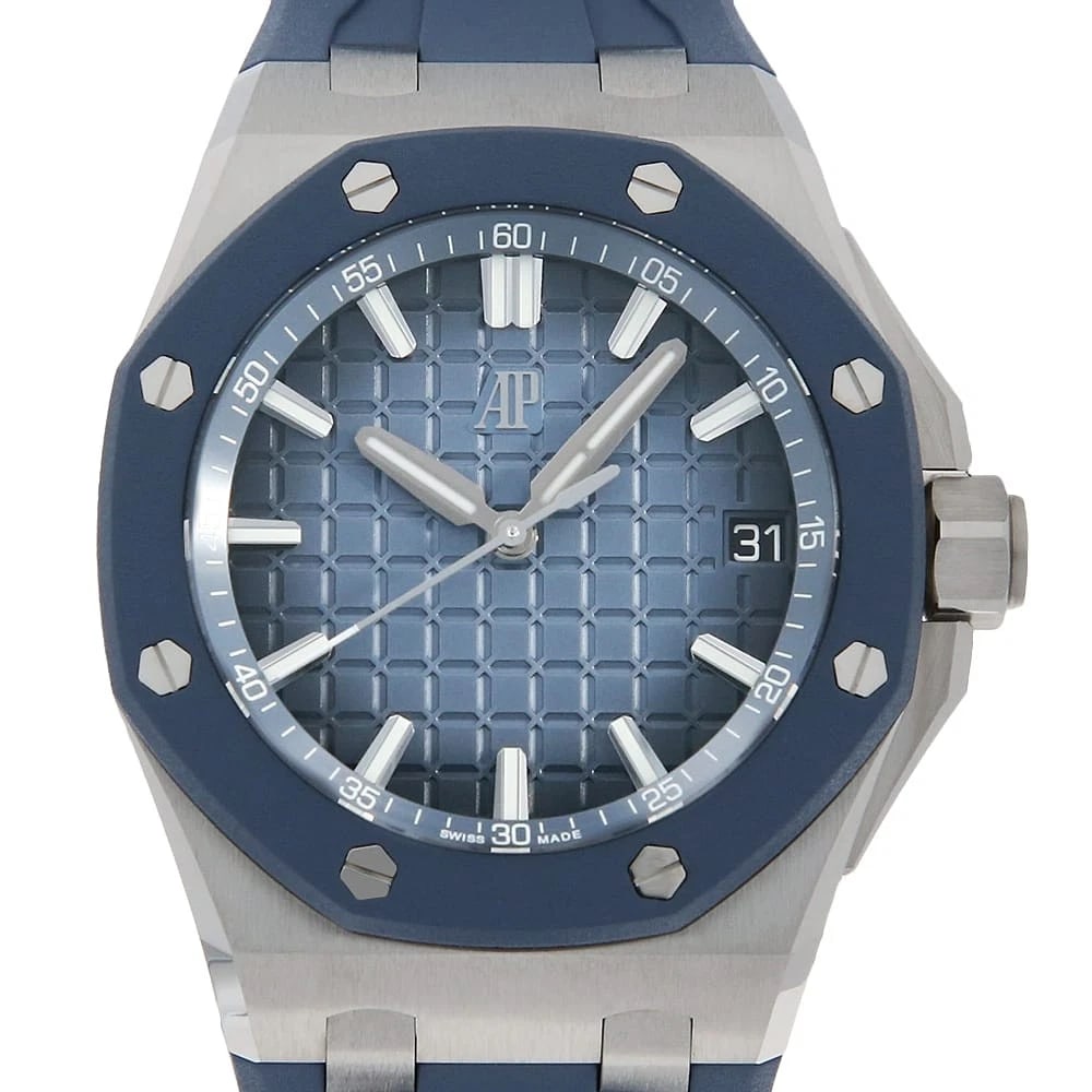 AUDEMARS PIGUET ROYAL OAK AUTOMATIC WATCH: AUDEMARS PIGUET Royal Oak Automatic Watch Brand: AUDEMARS PIGUET Type/Style: Wrist watch Material: Band Material rubber, Case Material Stainless Steel Color: Dial Color Blue Size: Case:W43mm