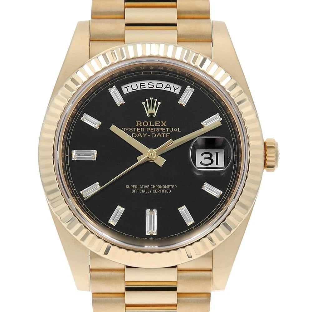 ROLEX DATE BAGUETTE DIAMOND BLACK WATCH: ROLEx Date Baguette Diamond black Watch Brand: ROLEx Type/Style: Wrist watch Material: Band Material Yellow Gold, Case Material Yellow Gold Color: Dial Color Black Size: Case:WCircumference of