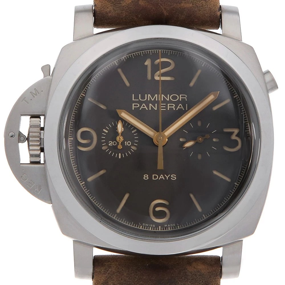 PANERAI LUMINOR CHRONO TITANIUM WATCH: PANERAI Luminor Chrono Titanium Watch Brand: PANERAI Type/Style: Wrist watch Material: Band Material Calfskin, Case Material Titanium Color: Dial Color Brown Size: Case:W47mm Accessories: None