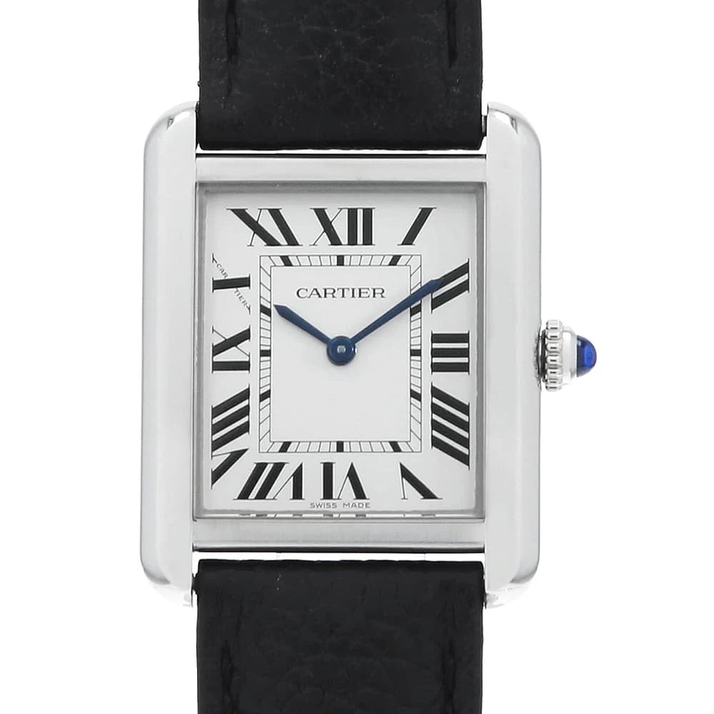 CARTIER TANK SOLO STAINLESS STEEL WATCH: Cartier Tank Solo Stainless Steel Watch Brand: Cartier Type/Style: Wrist watch Material: Band Material Calfskin, Case Material Stainless Steel Color: Dial Color Silver Size: Case:W31mm x H24.4mm A