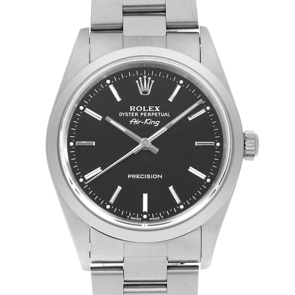 ROLEX AIR KING BLACK WATCH: ROLEx Air king black Watch Brand: ROLEx Type/Style: Wrist watch Material: Band Material Stainless Steel, Case Material Stainless Steel Color: Dial Color Black Size: Case:W34mm Circumference of
