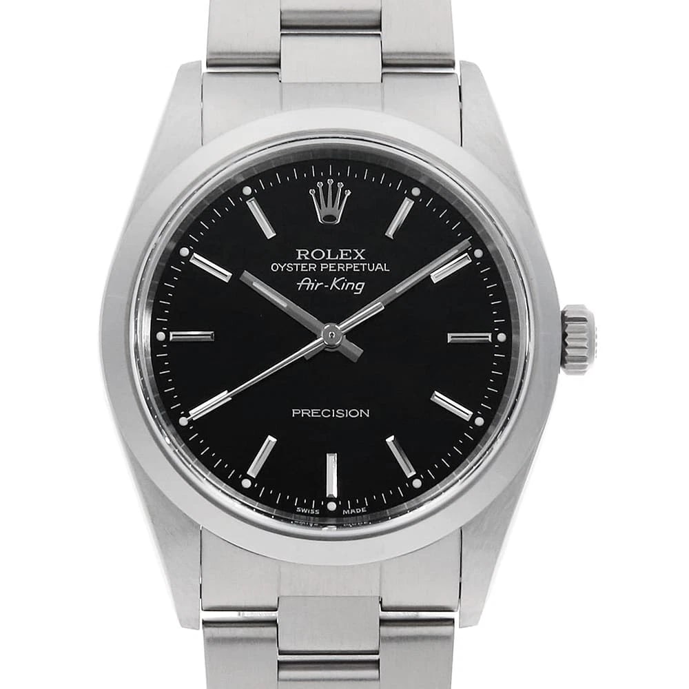 ROLEX AIR KING BLACK WATCH: ROLEx Air king black Watch Brand: ROLEx Type/Style: Wrist watch Material: Band Material Stainless Steel, Case Material Stainless Steel Color: Dial Color Black Size: Case:W34mm Circumference of