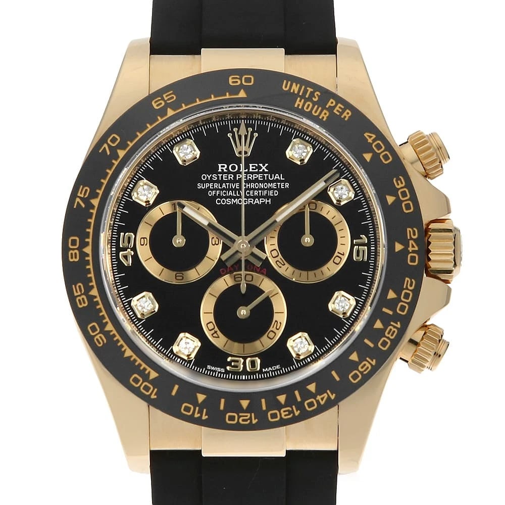 ROLEX COSMOGRAPH DAYTONA DIAMOND GOLD WATCH: ROLEx Cosmograph Daytona Diamond Gold Watch Brand: ROLEx Type/Style: Wrist watch Material: Band Material rubber, Case Material Yellow Gold Color: Dial Color Black Size: Case:WCircumference of
