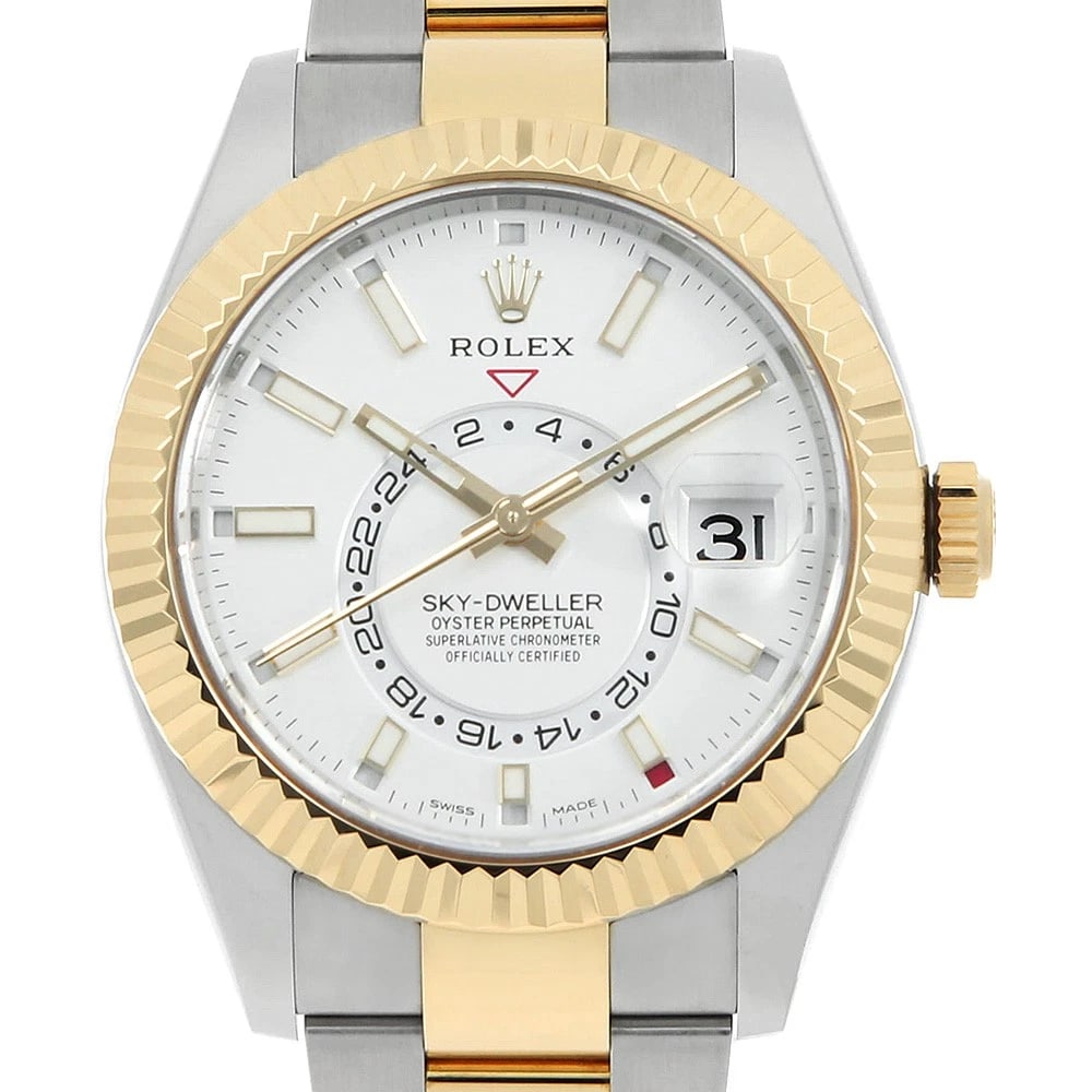 ROLEX SKY-DWELLER WHITE OYSTER WATCH: ROLEx SKY-DWELLER white oyster Watch Brand: ROLEx Type/Style: Wrist watch Material: Band Material Stainless Steel/Yellow Gold, Case Material Stainless Steel/Yellow Gold Color: Dial Color White Size: C