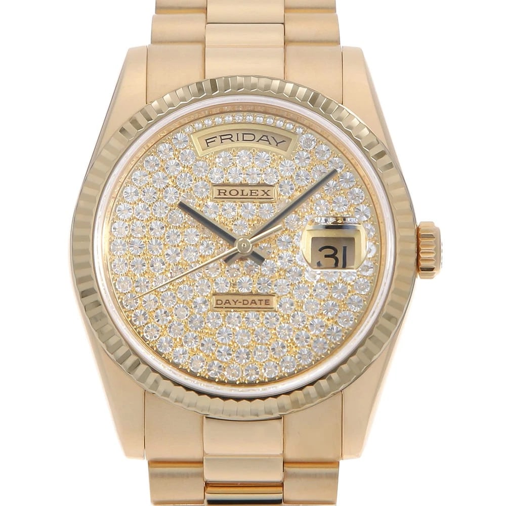 ROLEX DATE PAVE DIAMONDS WATCH: ROLEx Date Pave Diamonds Watch Brand: ROLEx Type/Style: Wrist watch Material: Band Material Yellow Gold, Case Material Yellow Gold Color: Dial Color Diamonds Size: Case:W36mm Circumference of