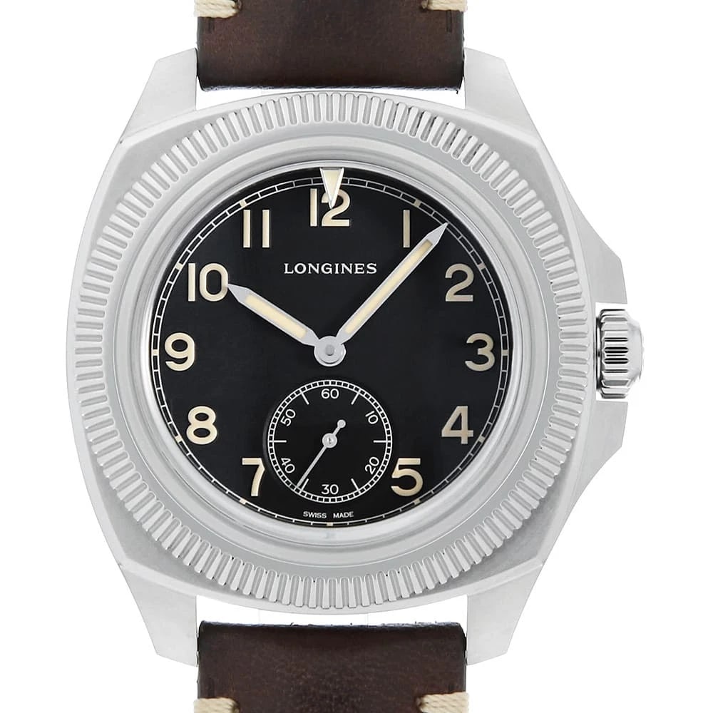 LONGINES PILOT STAINLESS STEEL WATCH: LONGINES Pilot Stainless Steel Watch Brand: LONGINES Type/Style: Wrist watch Material: Band Material Calfskin, Case Material Stainless Steel Color: Dial Color Black Size: Case:W43mm Accessories: None