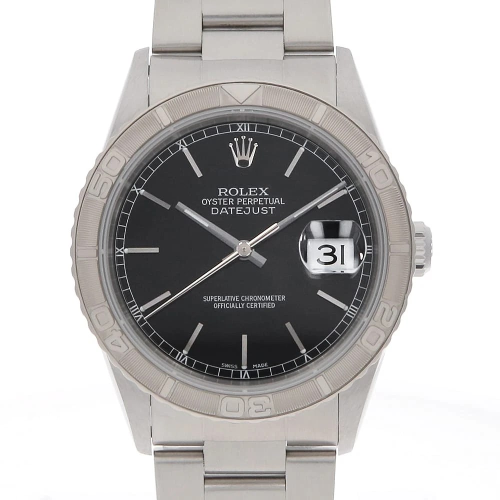 ROLEX DATEJUST THUNDERBIRD BLACK WATCH: ROLEx Datejust Thunderbird black Watch Brand: ROLEx Type/Style: Wrist watch Material: Band Material Stainless Steel, Case Material Stainless Steel/White gold Color: Dial Color Black Size: Case:W36mm C