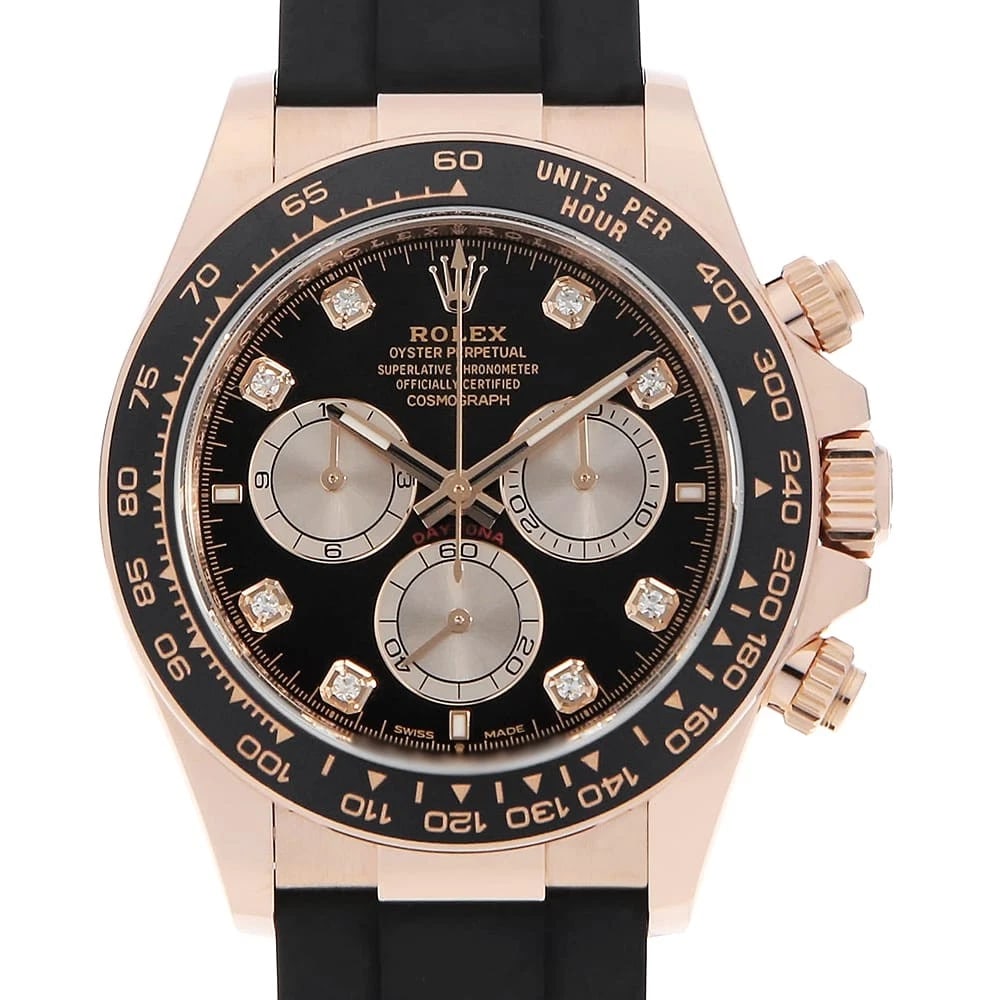 ROLEX COSMOGRAPH DAYTONA DIAMOND BLACK SAND DUST WATCH: ROLEx Cosmograph Daytona diamond black Sand Dust Watch Brand: ROLEx Type/Style: Wrist watch Material: Band Material rubber, Case Material Everose Gold Color: Dial Color Black Size: Case:WCircumference