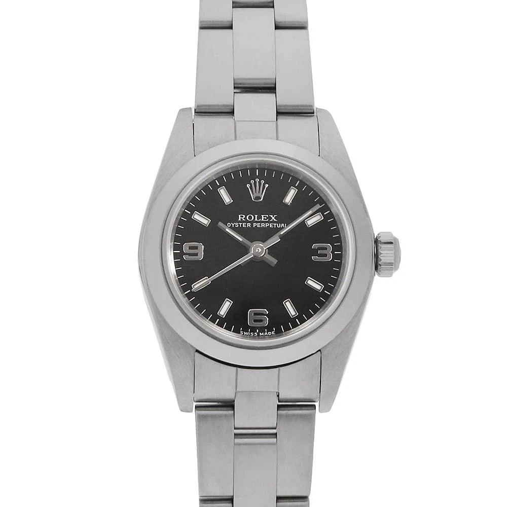 ROLEX OYSTER PERPETUAL BLACK WHITE WATCH: ROLEx Oyster perpetual black white Watch Brand: ROLEx Type/Style: Wrist watch Material: Band Material Stainless Steel, Case Material Stainless Steel Color: Dial Color Black Size: Case:W23.5mm