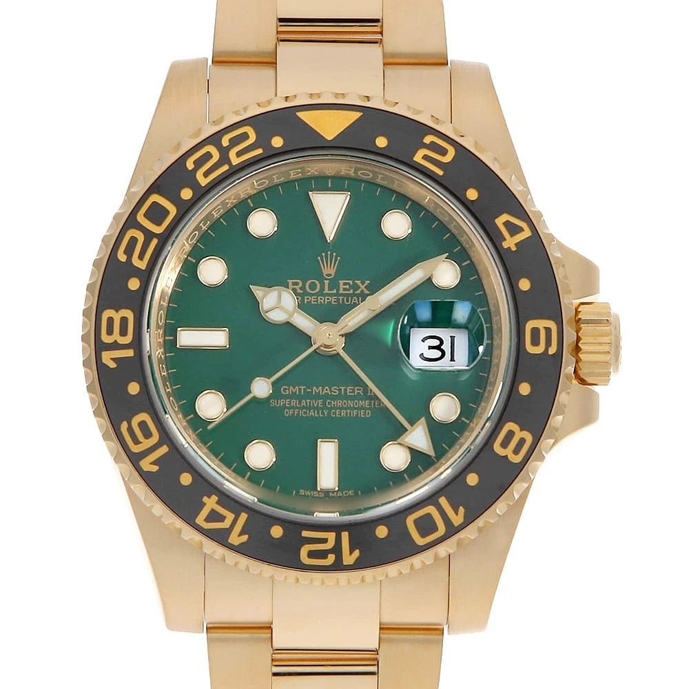 ROLEX GMT MASTER GREEN WATCH: ROLEx GMT Master green Watch Brand: ROLEx Type/Style: Wrist watch Material: Band Material Yellow Gold, Case Material Yellow Gold Color: Dial Color Green Size: Case:WCircumference of Wrist:19.5cm