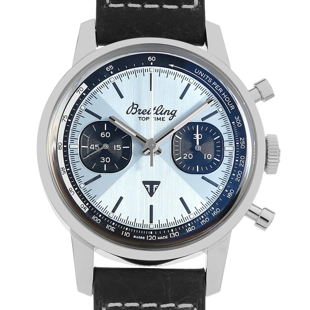 BREITLING TOP TIME STAINLESS STEEL WATCH: BREITLING top time Stainless Steel Watch Brand: BREITLING Type/Style: Wrist watch Material: Band Material Calfskin, Case Material Stainless Steel Color: Dial Color Blue Size: Case:W41mm Accessories: