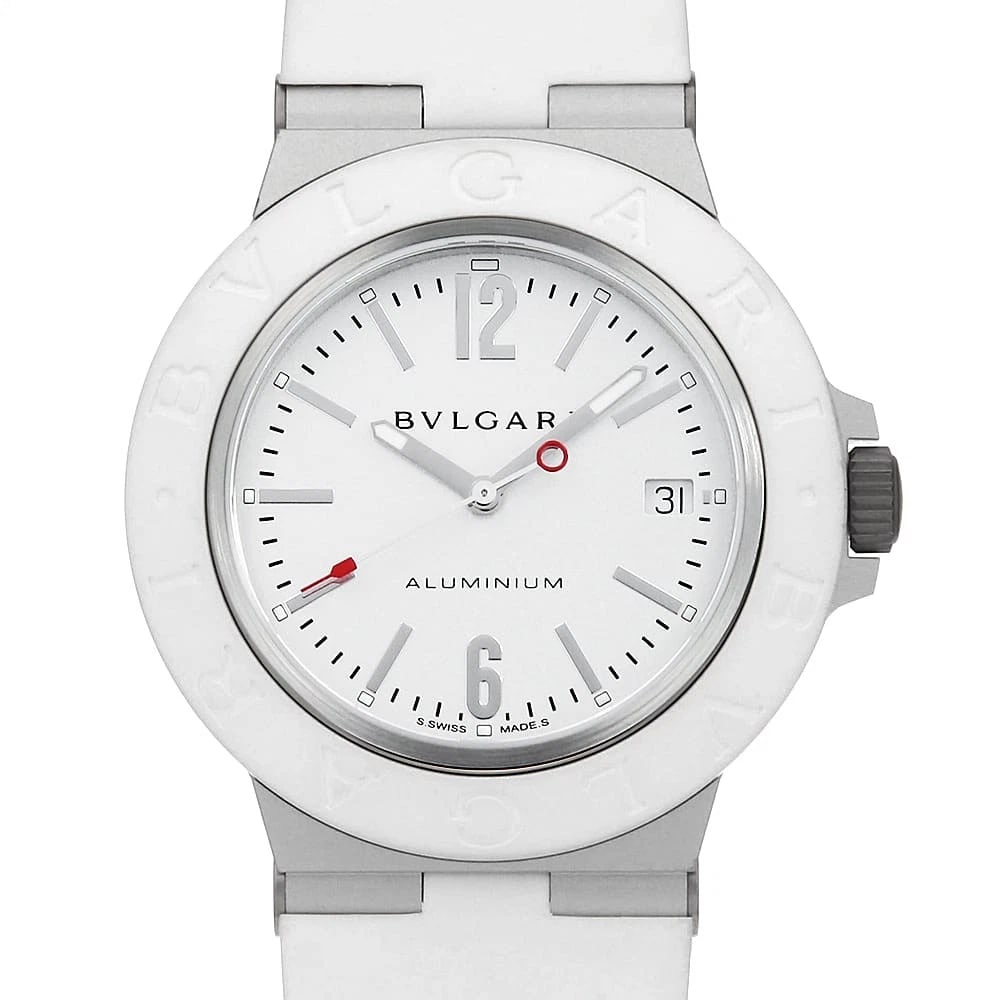 BVLGARI ALUMINUM WATCH: BVLGARI Aluminum Watch Brand: BVLGARI Type/Style: Wrist watch Material: Band Material rubber, Case Material Aluminum Color: Dial Color White Size: Case:W40mm Accessories: None Accessories Notice: