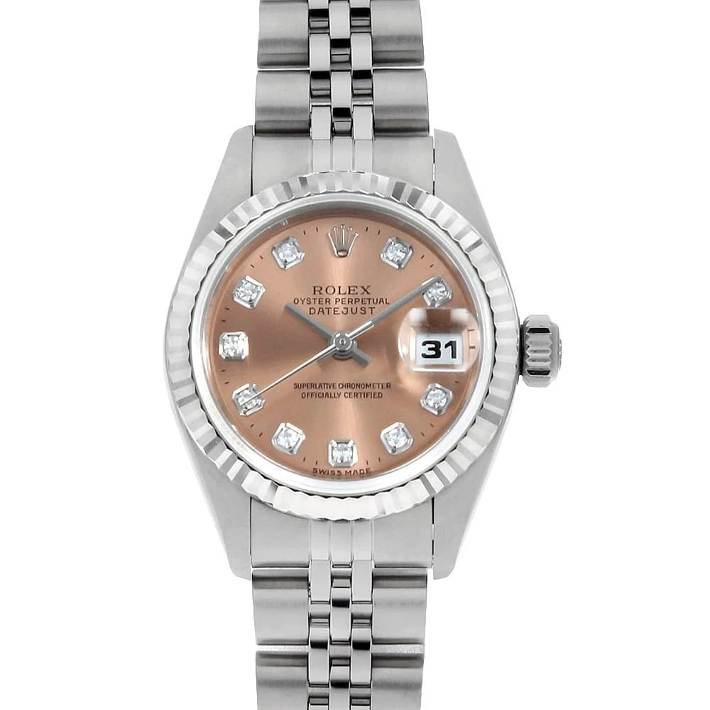 ROLEX DATEJUST DIAMOND PINK WATCH: ROLEx Datejust Diamond pink Watch Brand: ROLEx Type/Style: Wrist watch Material: Band Material Stainless Steel, Case Material Stainless Steel/White gold Color: Dial Color Pink Size: Case:W26mm Circumf