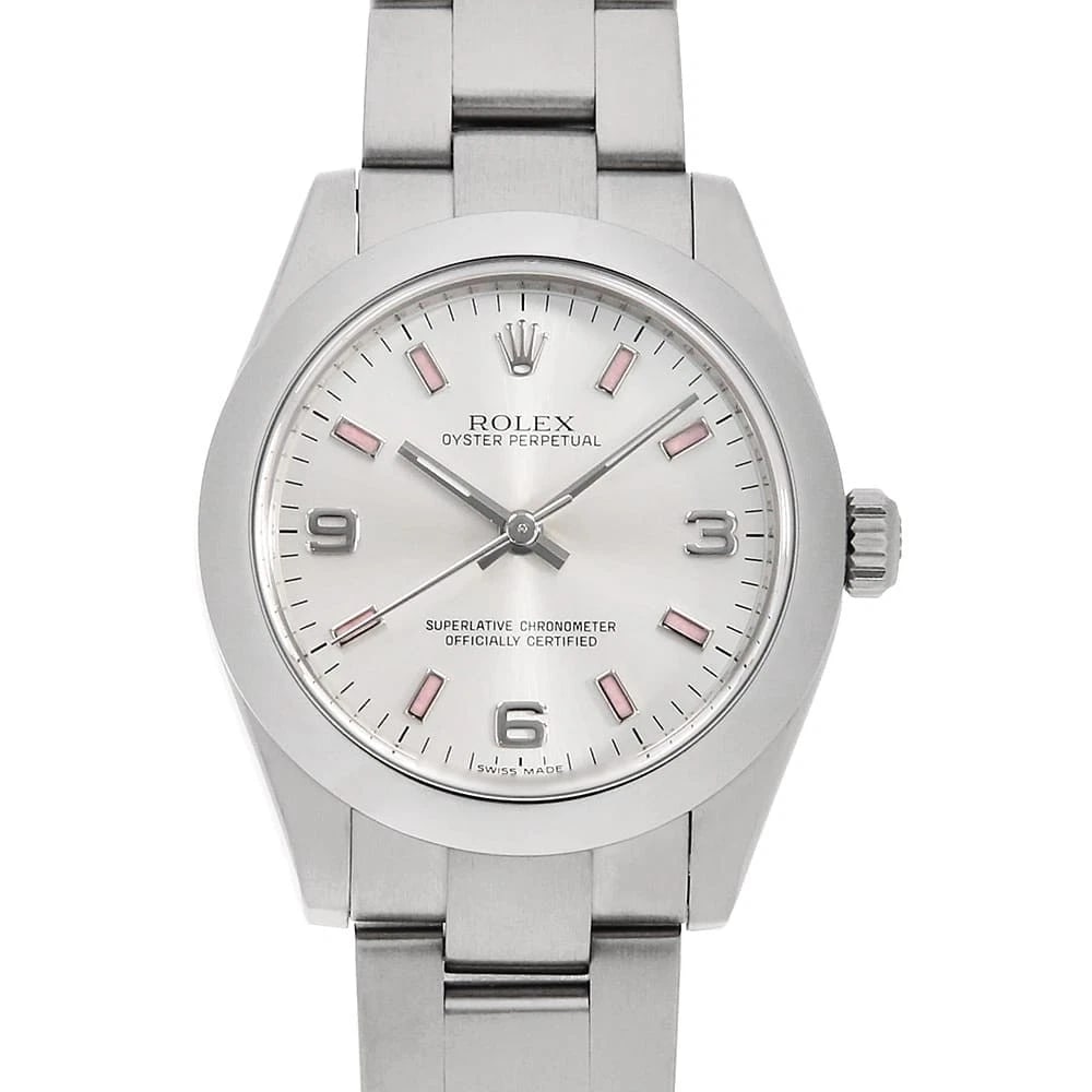ROLEX OYSTER PERPETUAL SILVER PINK WATCH: ROLEx Oyster perpetual Silver Pink Watch Brand: ROLEx Type/Style: Wrist watch Material: Band Material Stainless Steel, Case Material Stainless Steel Color: Dial Color Silver Size: Case:W31mm