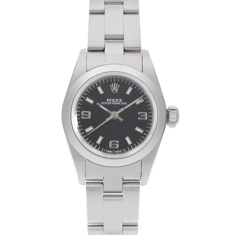 ROLEX OYSTER PERPETUAL BLACK WHITE WATCH: ROLEx Oyster perpetual black white Watch Brand: ROLEx Type/Style: Wrist watch Material: Band Material Stainless Steel, Case Material Stainless Steel Color: Dial Color Black Size: Case:W24mm