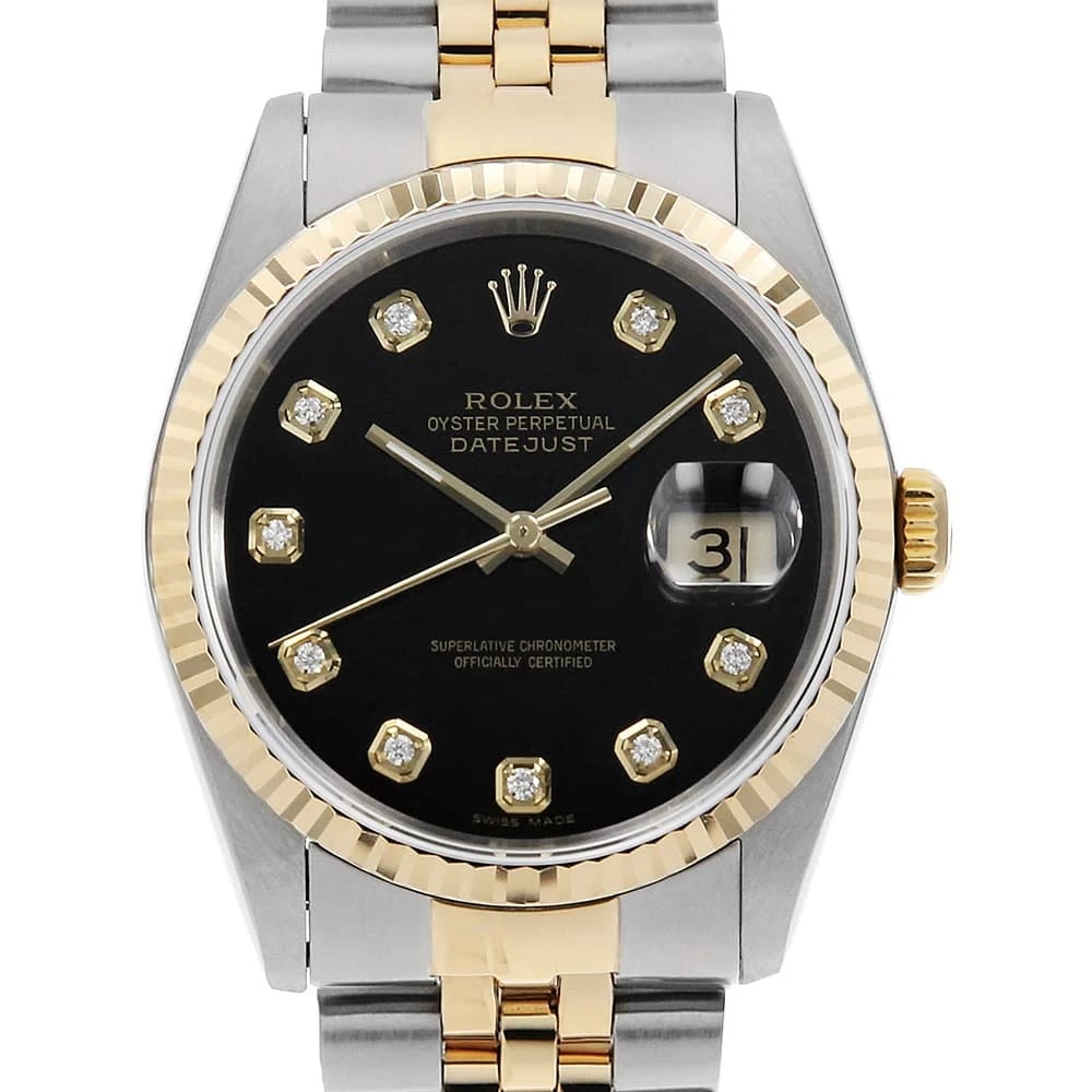 ROLEX DATEJUST DIAMOND BLACK WATCH: ROLEx Datejust Diamond black Watch Brand: ROLEx Type/Style: Wrist watch Material: Band Material Stainless Steel/Yellow Gold, Case Material Stainless Steel/Yellow Gold Color: Dial Color Black Size: Cas